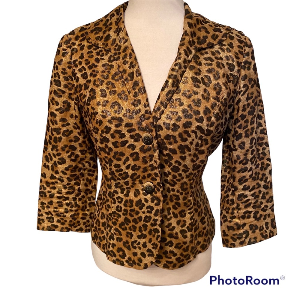 PECK & PECK JACKET COAT BLAZER ANIMAL PRINT BROWN GOLD SIZE 4P PETITE